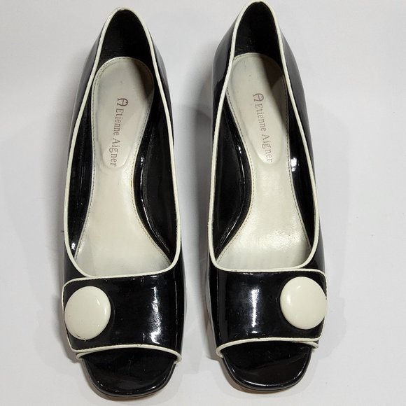 Etienne Aigner patent leather wedges open toe black and white Size 8 - Picture 3 of 7